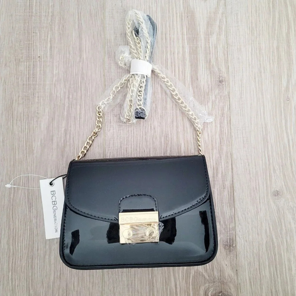 BCBGeneration Milly Black Patent Leather Gold Chain Cross Body Mini Small Purse